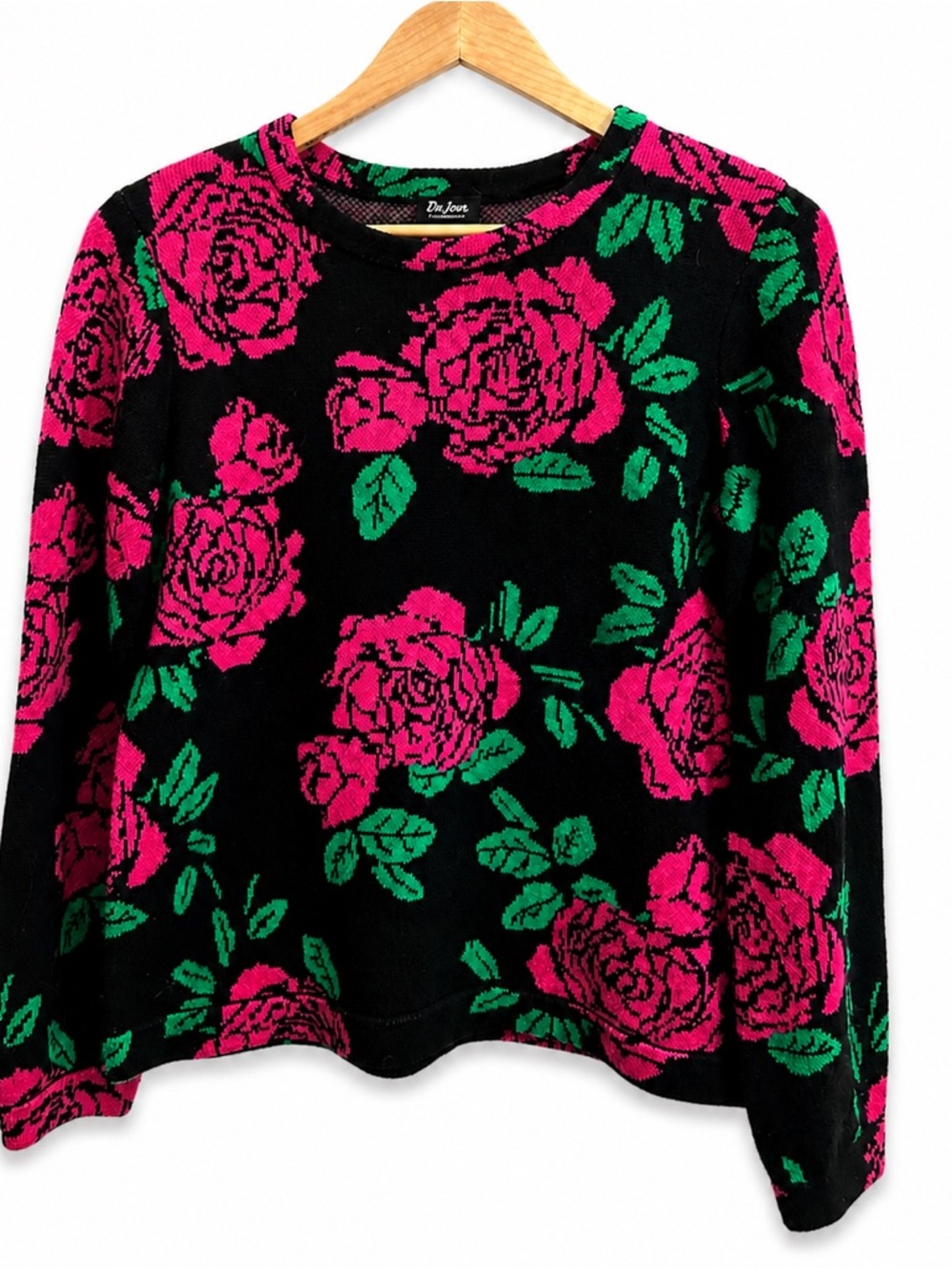 Whimsigoth Sweater Rose Knit Black Pink Coquette Stretchy S